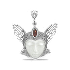 Starborn Carved Bone and Garnet Freya Mask Pendant in Sterling Silver