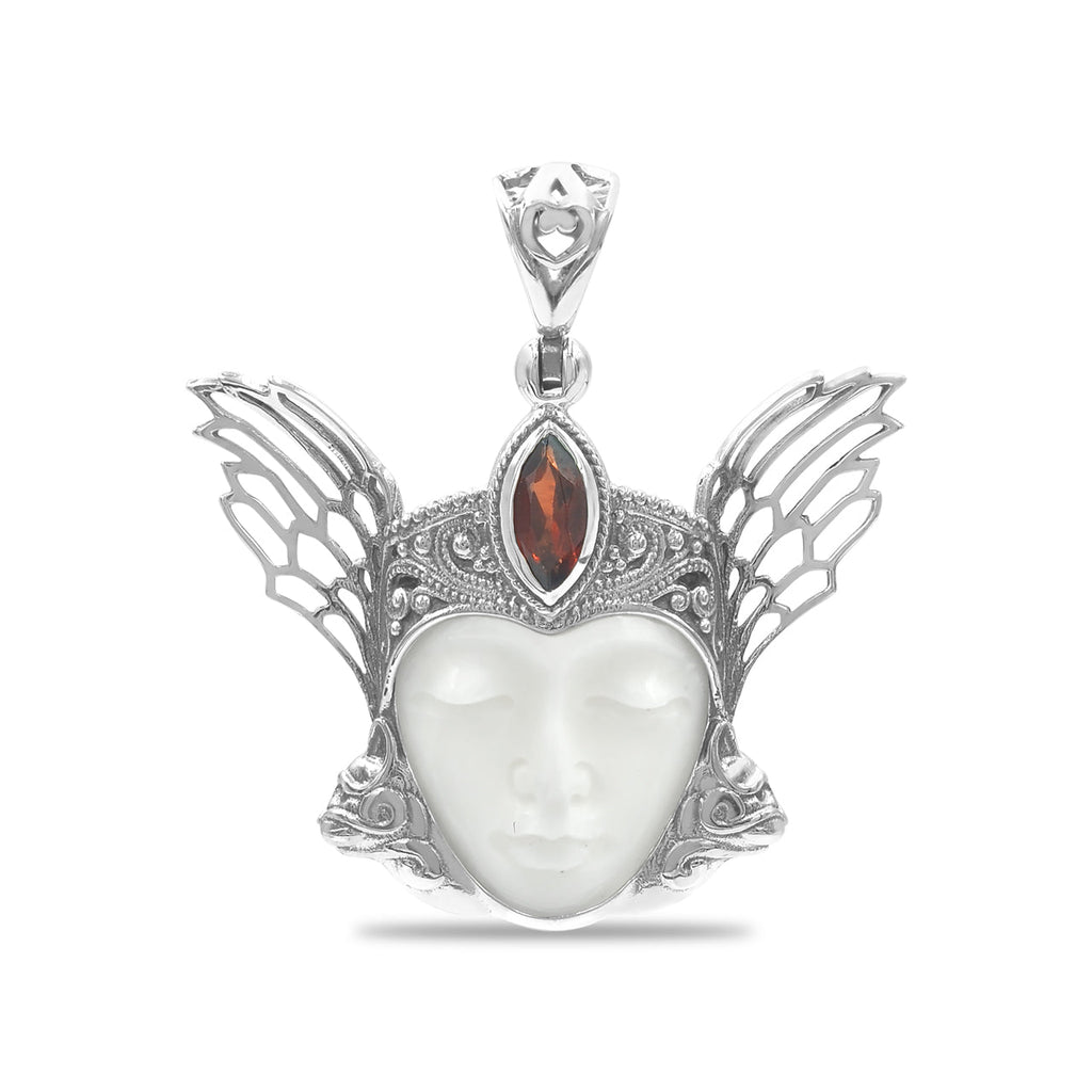 Starborn Carved Bone and Garnet Freya Mask Pendant in Sterling Silver