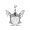 Starborn Carved Bone and Garnet Freya Mask Pendant in Sterling Silver