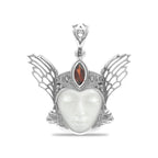 Starborn Carved Bone and Garnet Freya Mask Pendant in Sterling Silver