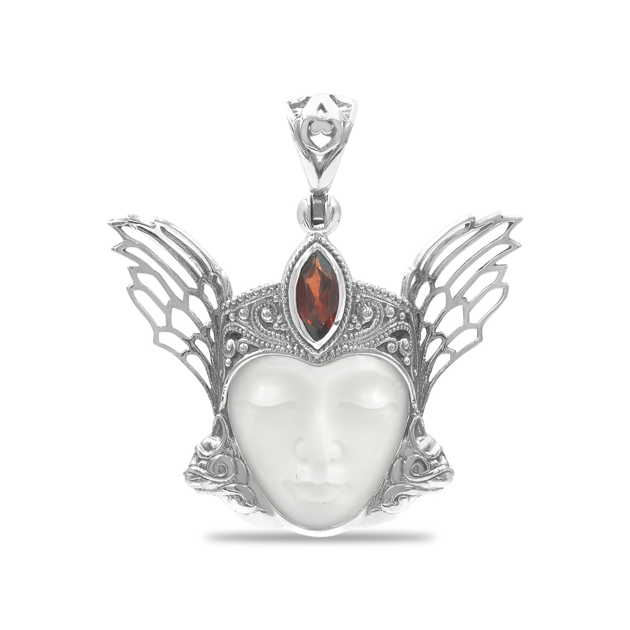 Starborn Carved Bone and Garnet Freya Mask Pendant in Sterling Silver