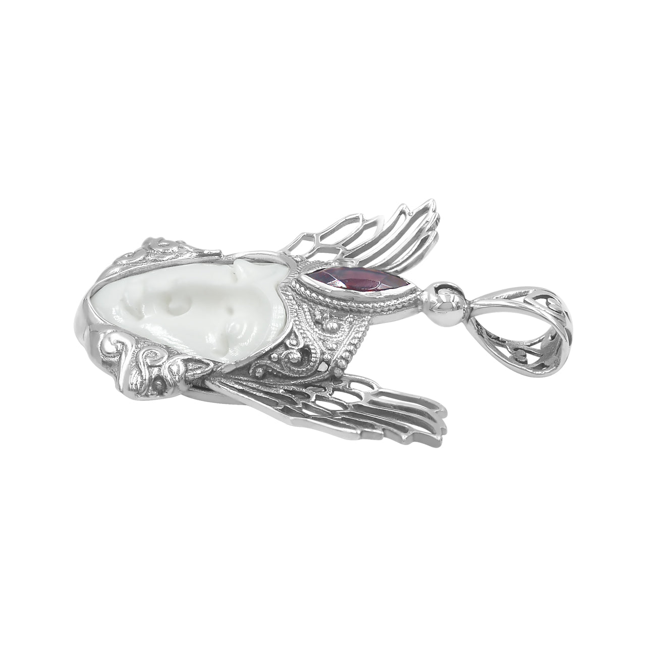 Starborn Carved Bone and Garnet Freya Mask Pendant in Sterling Silver
