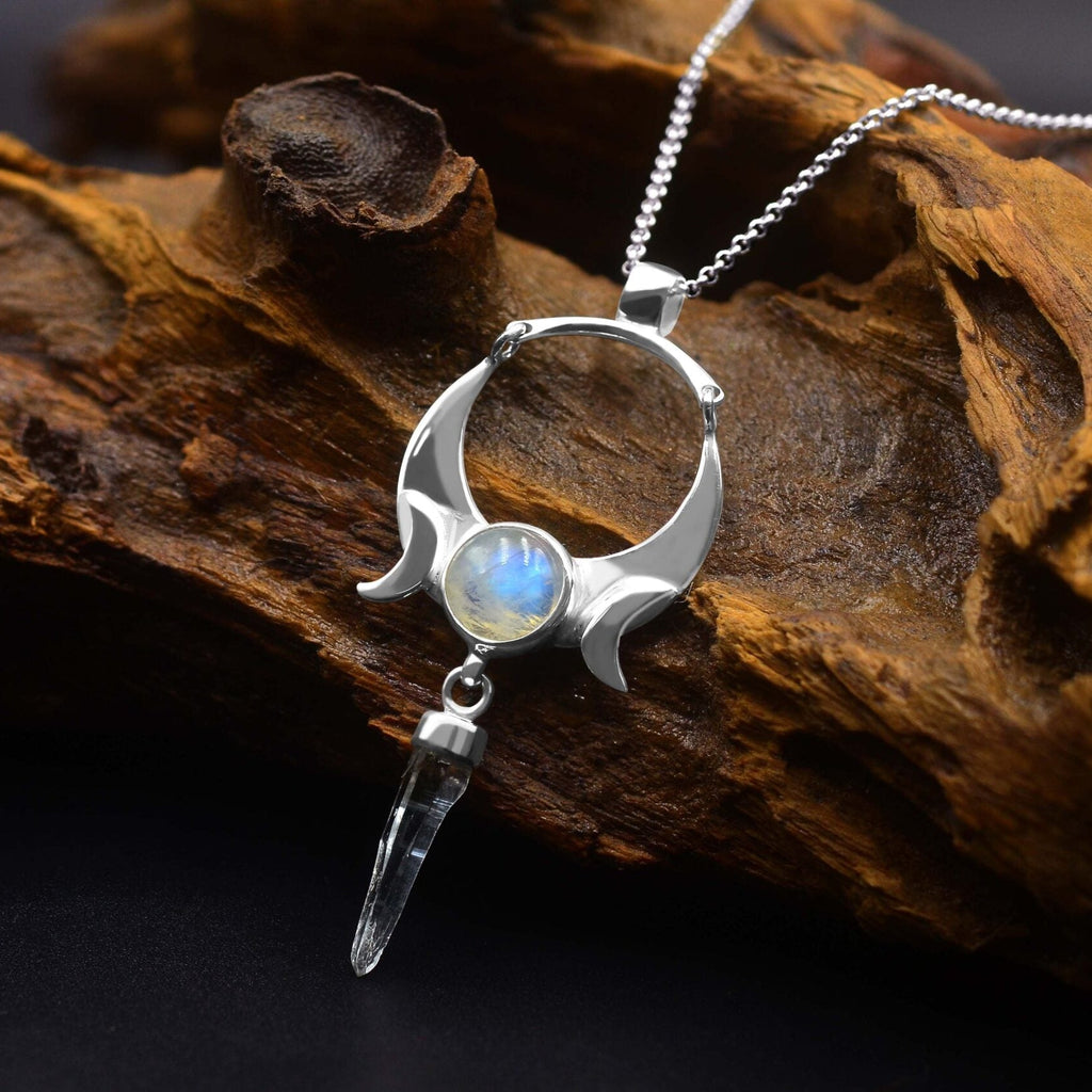 Starborn Quartz Crystal & Rainbow Moonstone Pendant in Sterling Silver