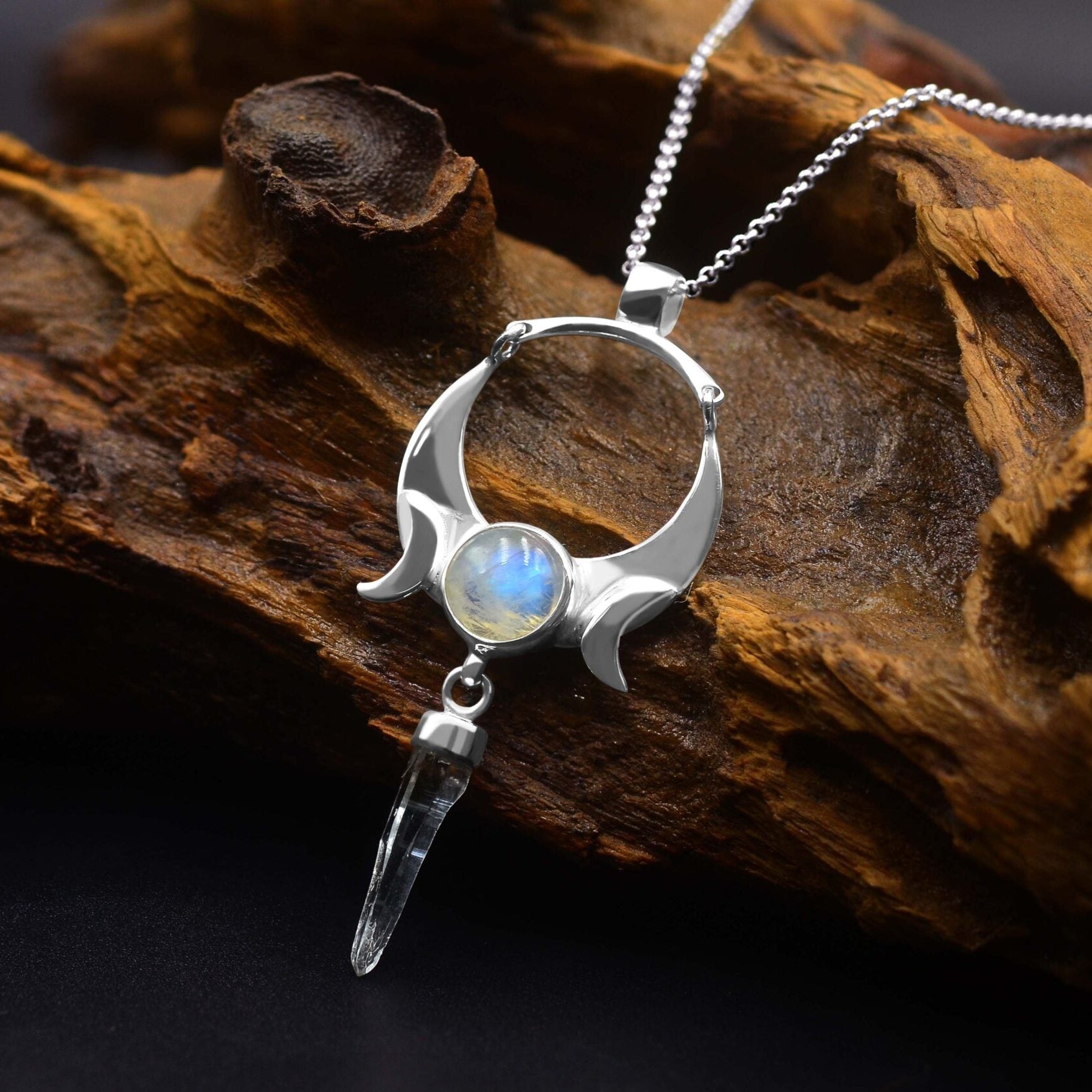 Starborn Quartz Crystal & Rainbow Moonstone Pendant in Sterling Silver