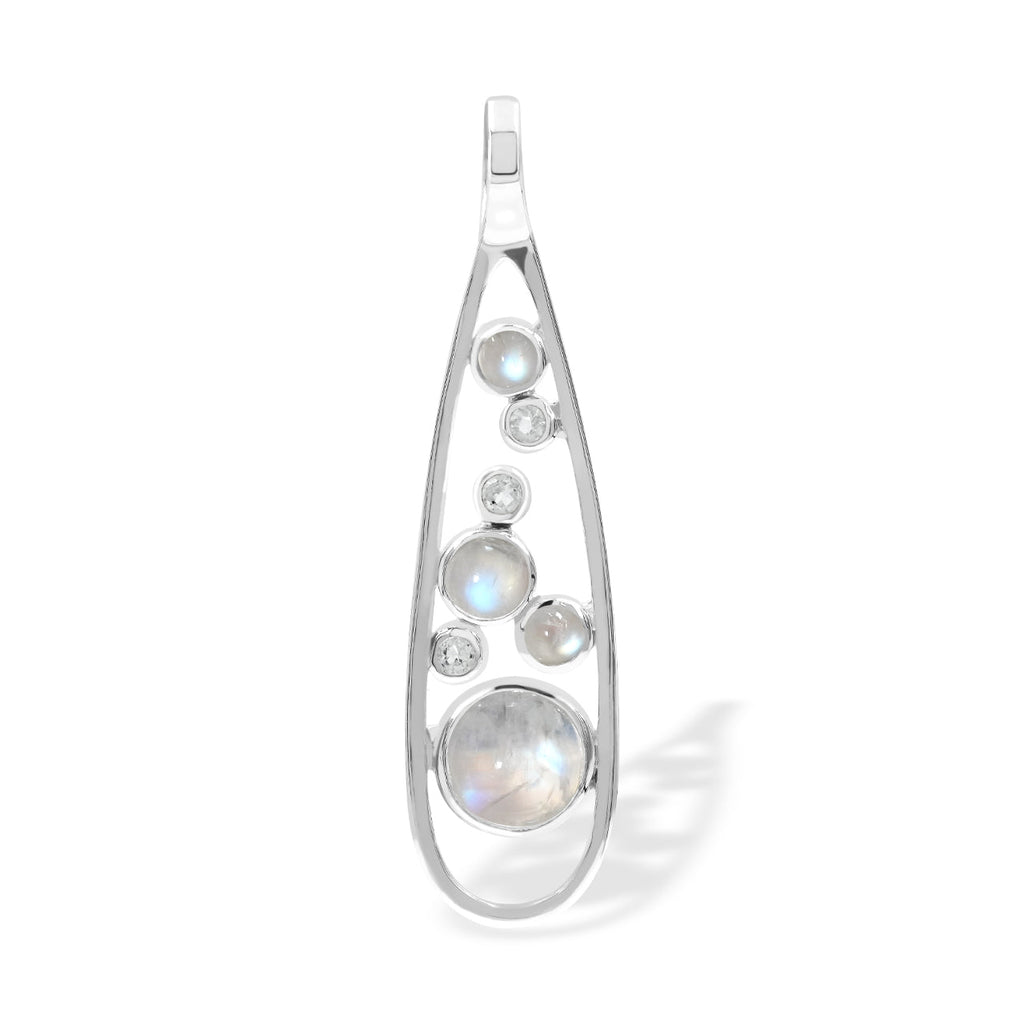 Starborn Rainbow Moonstone & White Topaz Teardrop Elongated Frame Pendant in Sterling Silver
