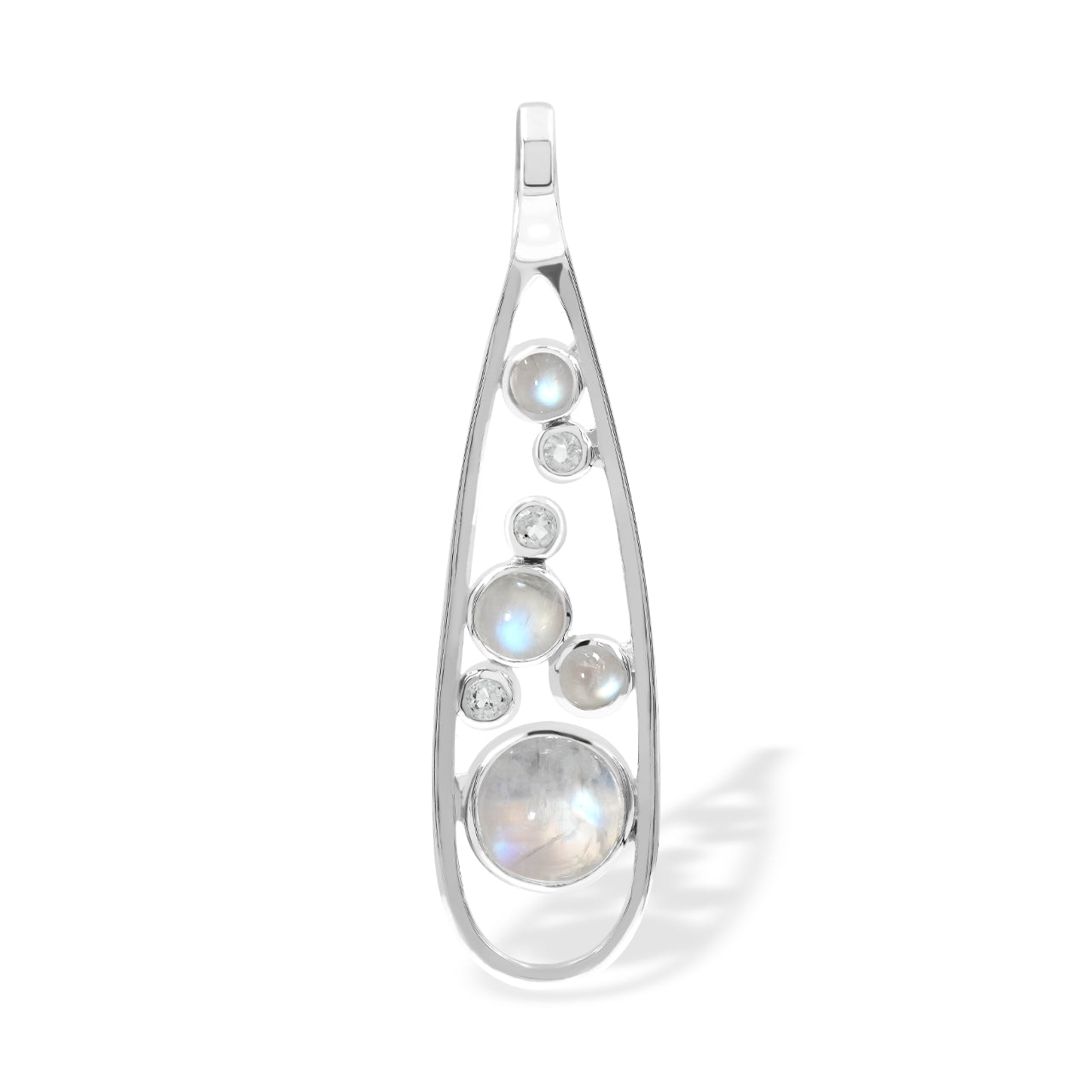 Starborn Rainbow Moonstone & White Topaz Teardrop Elongated Frame Pendant in Sterling Silver