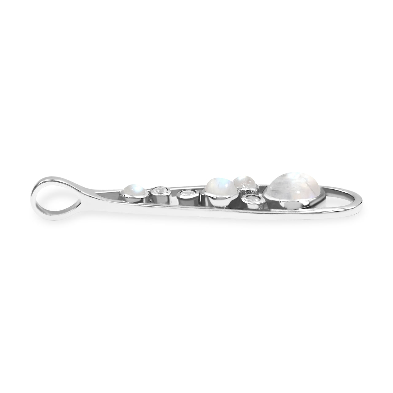 Starborn Rainbow Moonstone & White Topaz Teardrop Elongated Frame Pendant in Sterling Silver