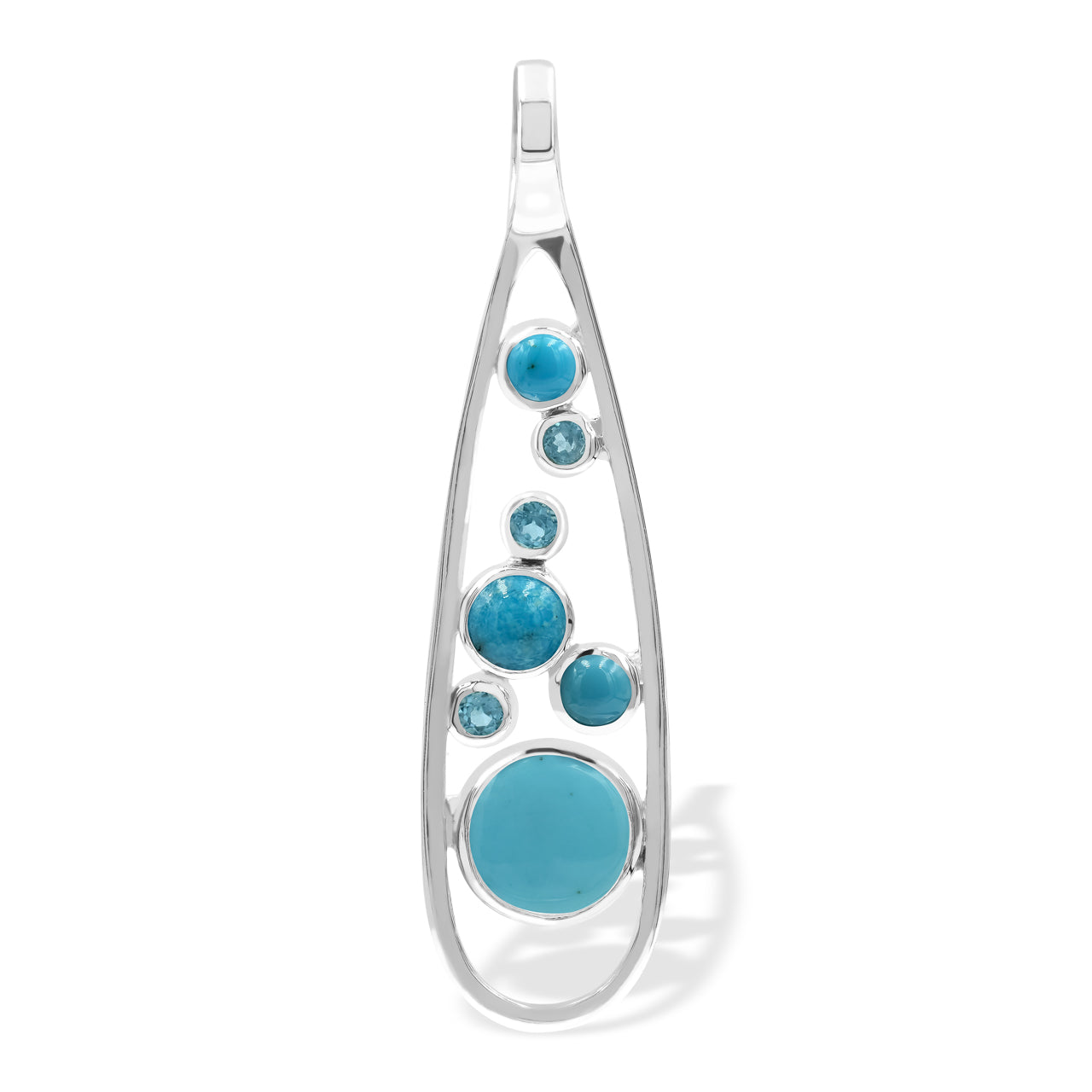 Starborn Mixed Turquoise and Faceted Blue Topaz Teardrop Elongated Frame Pendant in Sterling Silver