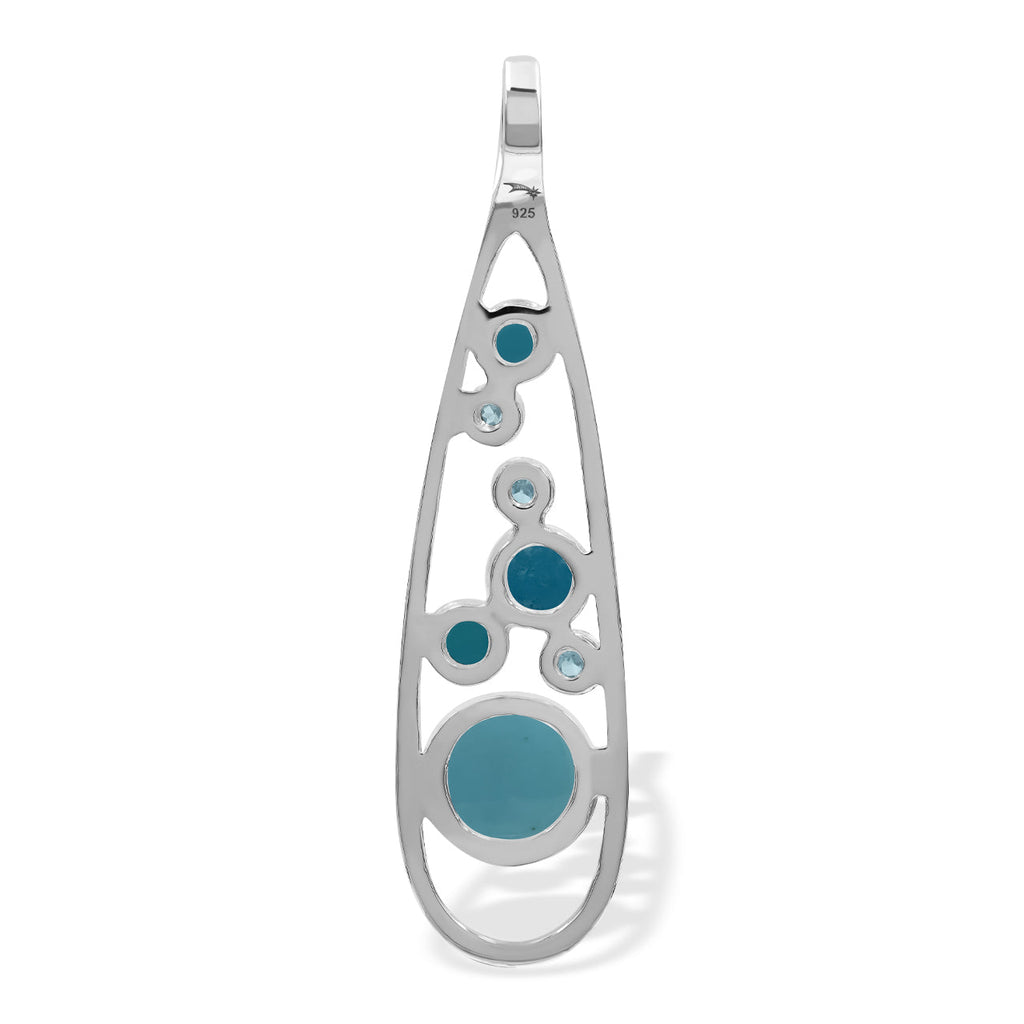 Starborn Mixed Turquoise and Faceted Blue Topaz Teardrop Elongated Frame Pendant in Sterling Silver
