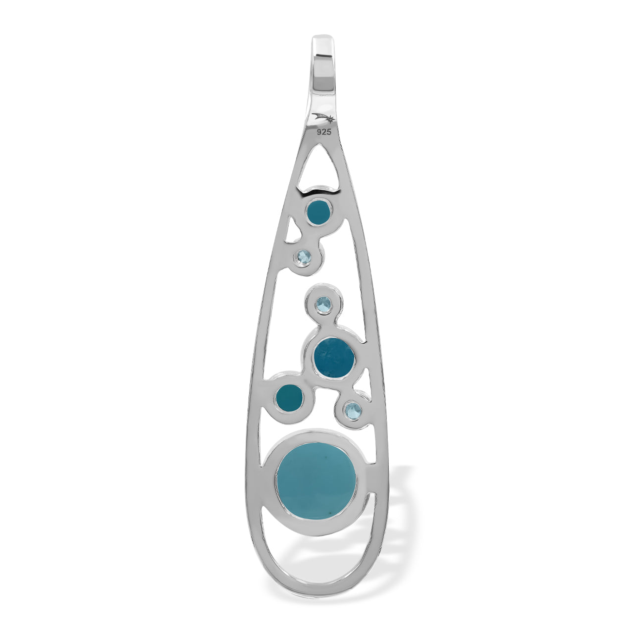 Starborn Mixed Turquoise and Faceted Blue Topaz Teardrop Elongated Frame Pendant in Sterling Silver