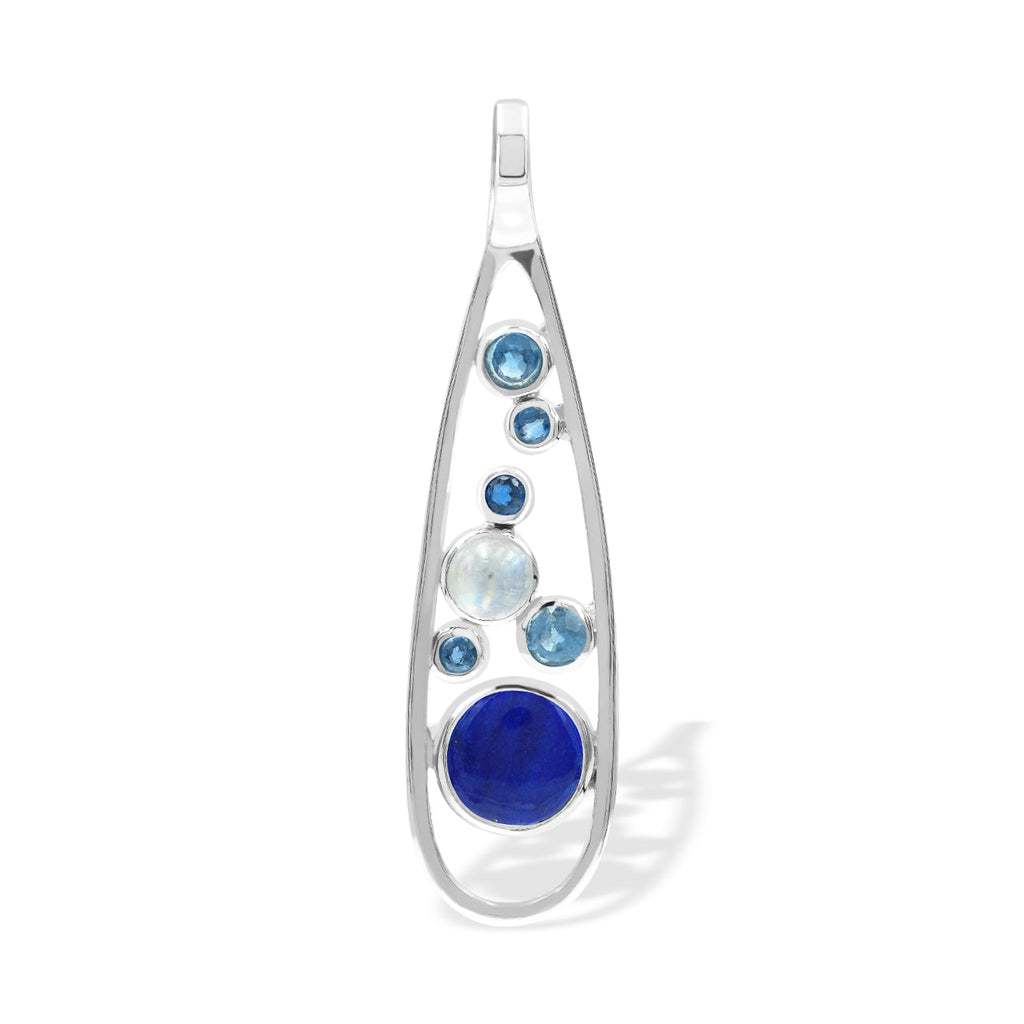 Starborn Mixed Lapis Lazuli, Kyanite & Rainbow Moonstone Teardrop Elongated Frame Pendant in Sterling Silver