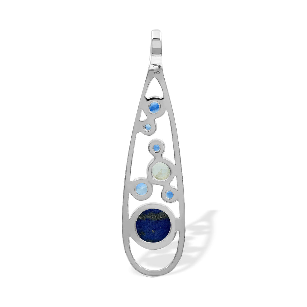 Starborn Mixed Lapis Lazuli, Kyanite & Rainbow Moonstone Teardrop Elongated Frame Pendant in Sterling Silver