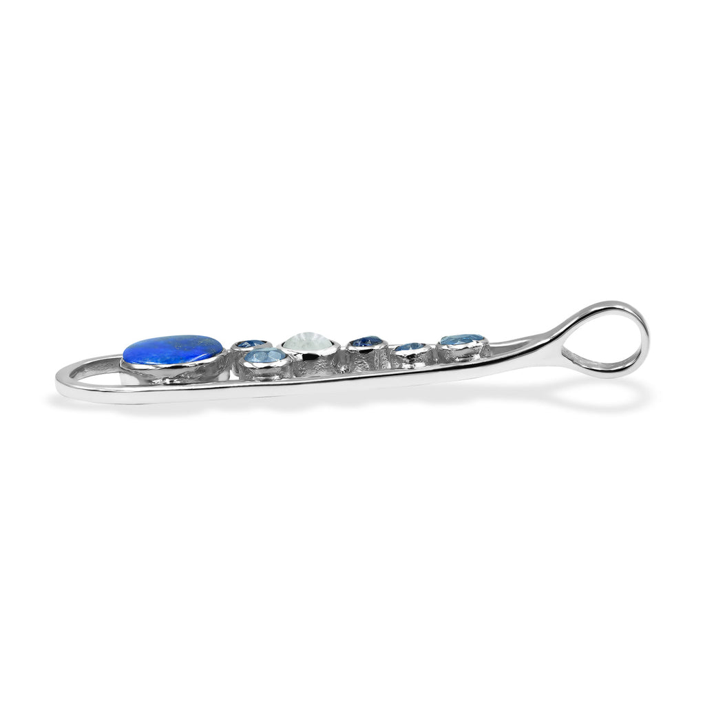 Starborn Mixed Lapis Lazuli, Kyanite & Rainbow Moonstone Teardrop Elongated Frame Pendant in Sterling Silver