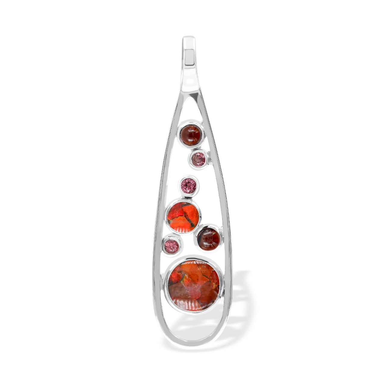Starborn Mixed Ammolite and Garnet Teardrop Elongated Frame Pendant in Sterling Silver