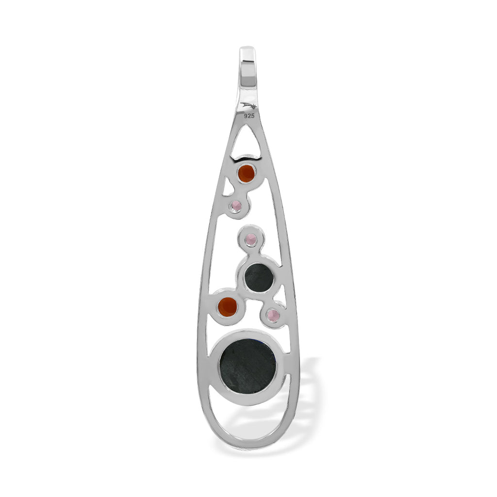 Starborn Mixed Ammolite and Garnet Teardrop Elongated Frame Pendant in Sterling Silver