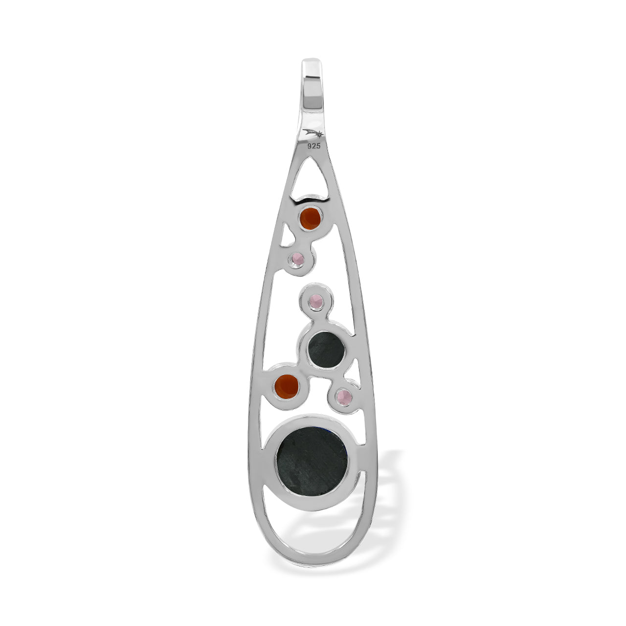 Starborn Mixed Ammolite and Garnet Teardrop Elongated Frame Pendant in Sterling Silver