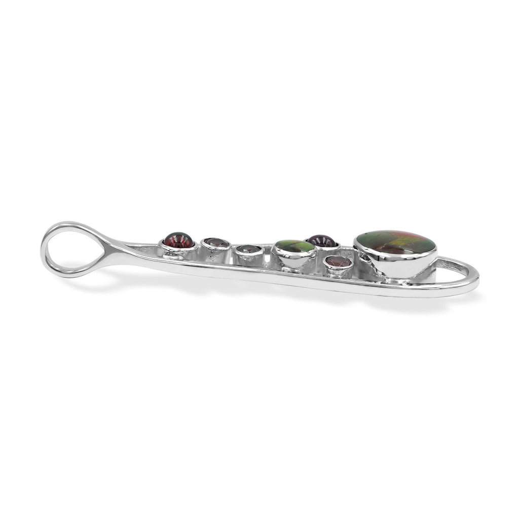 Starborn Mixed Ammolite and Garnet Teardrop Elongated Frame Pendant in Sterling Silver