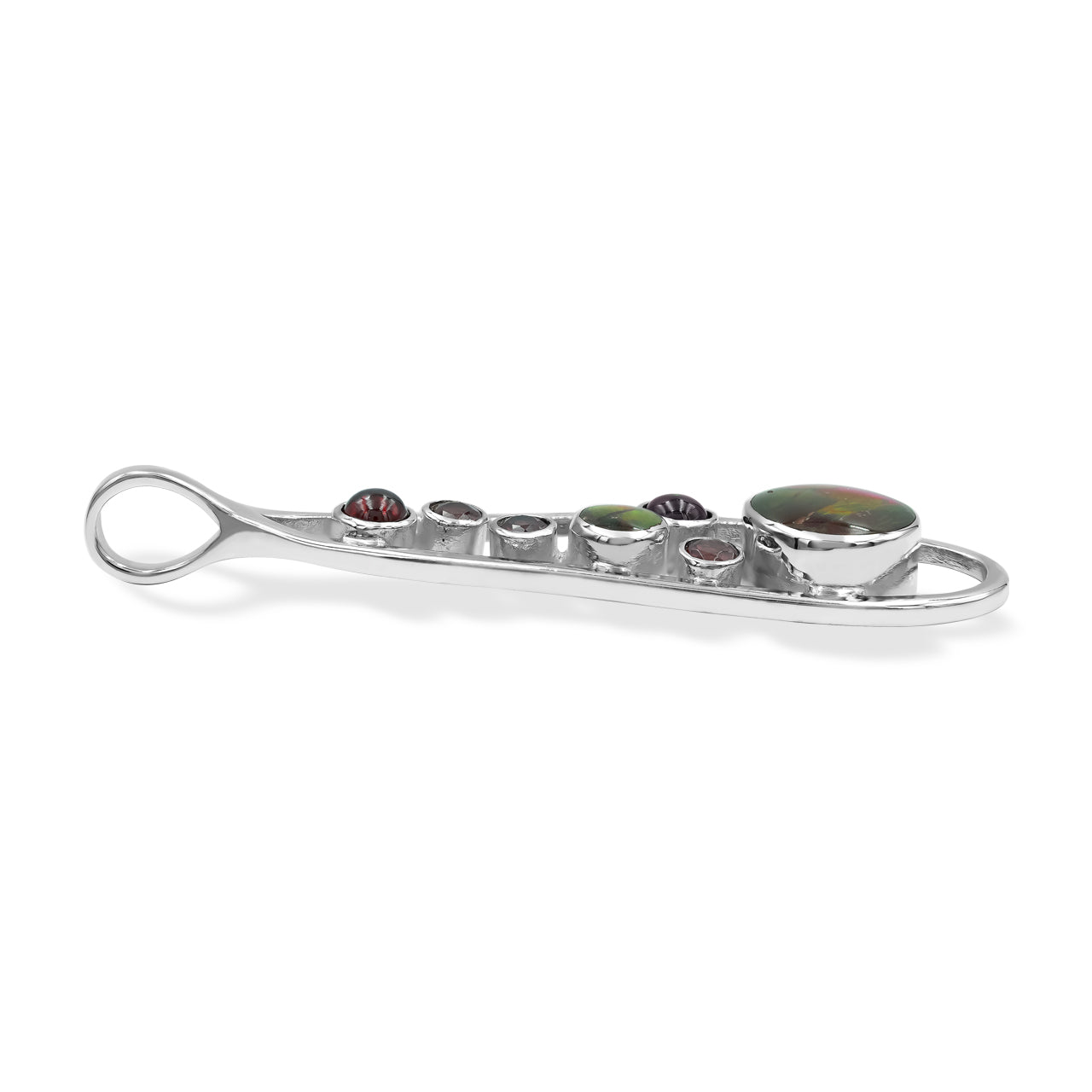 Starborn Mixed Ammolite and Garnet Teardrop Elongated Frame Pendant in Sterling Silver