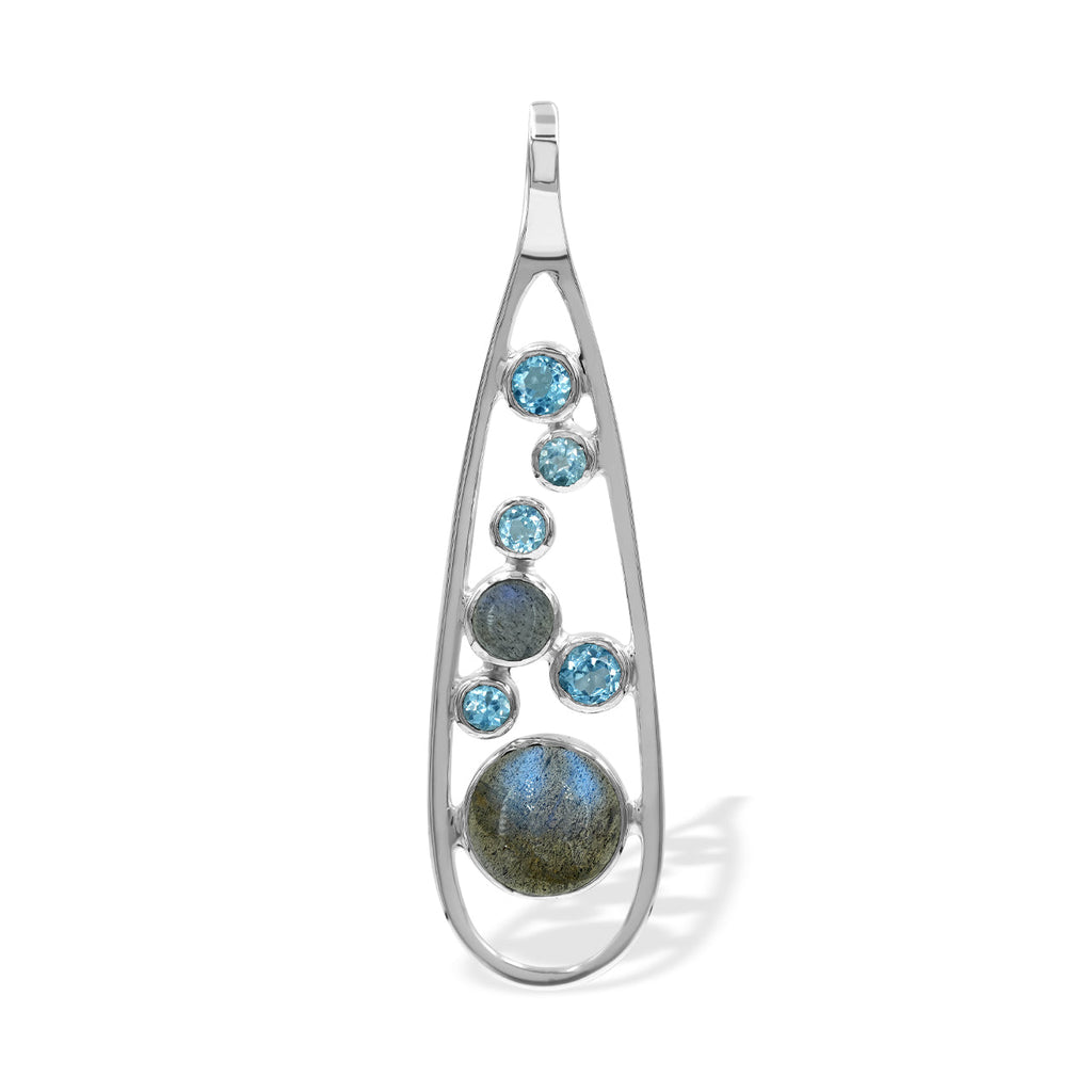 Starborn Mixed Labradorite and Blue Topaz Teardrop Elongated Frame Pendant in Sterling Silver