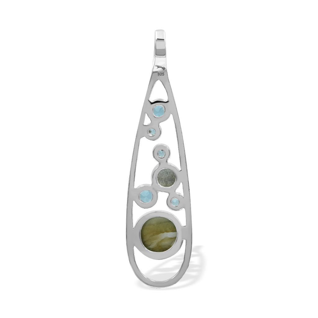 Starborn Mixed Labradorite and Blue Topaz Teardrop Elongated Frame Pendant in Sterling Silver