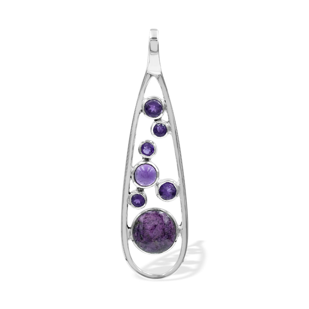 Starborn Mixed Purpurite and Amethyst Teardrop Elongated Frame Pendant in Sterling Silver
