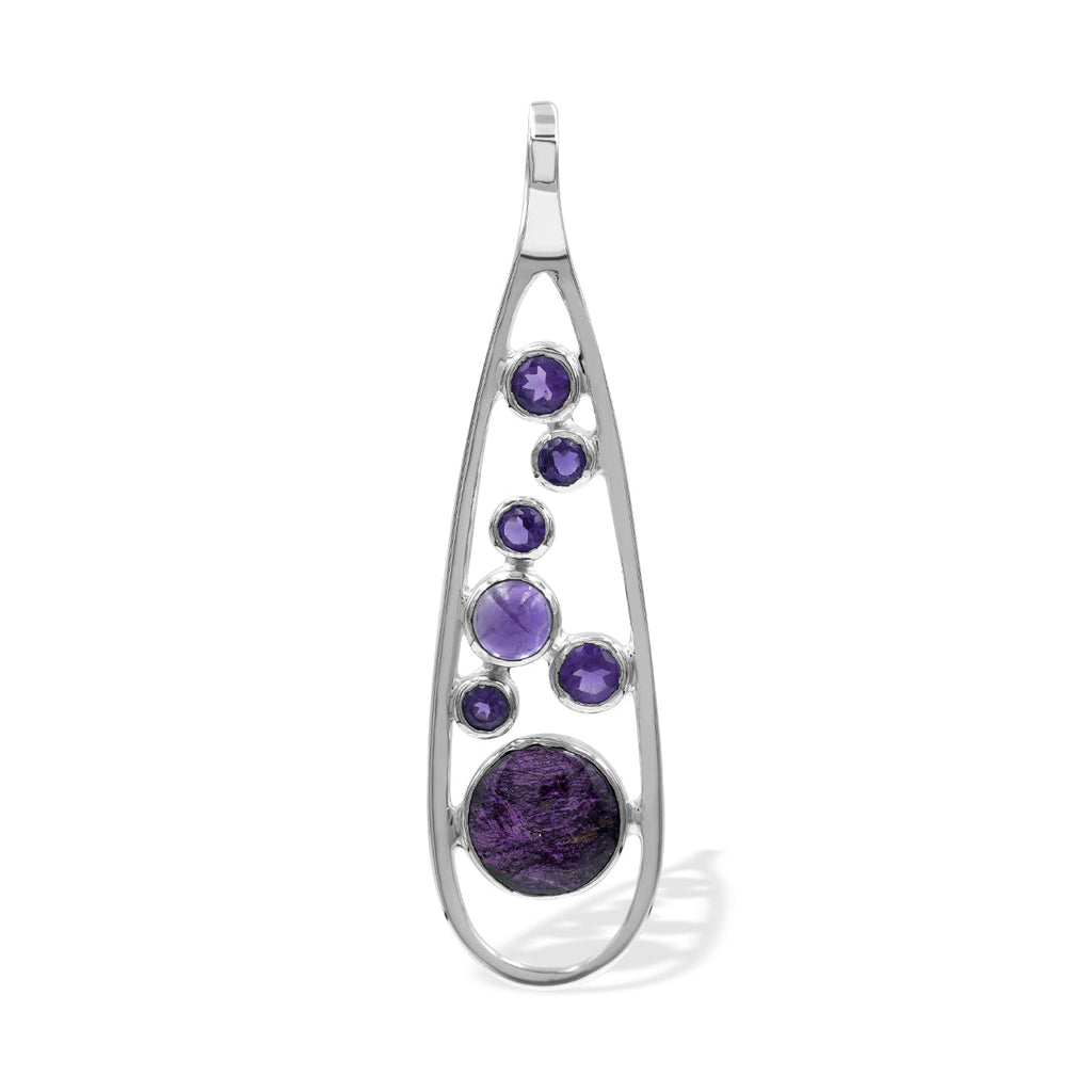 Starborn Mixed Purpurite and Amethyst Teardrop Elongated Frame Pendant in Sterling Silver