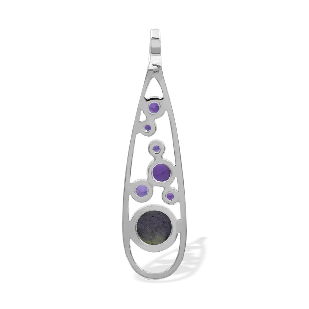 Starborn Mixed Purpurite and Amethyst Teardrop Elongated Frame Pendant in Sterling Silver