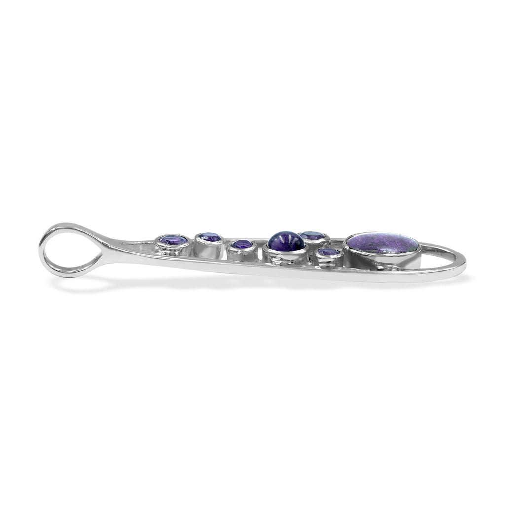 Starborn Mixed Purpurite and Amethyst Teardrop Elongated Frame Pendant in Sterling Silver