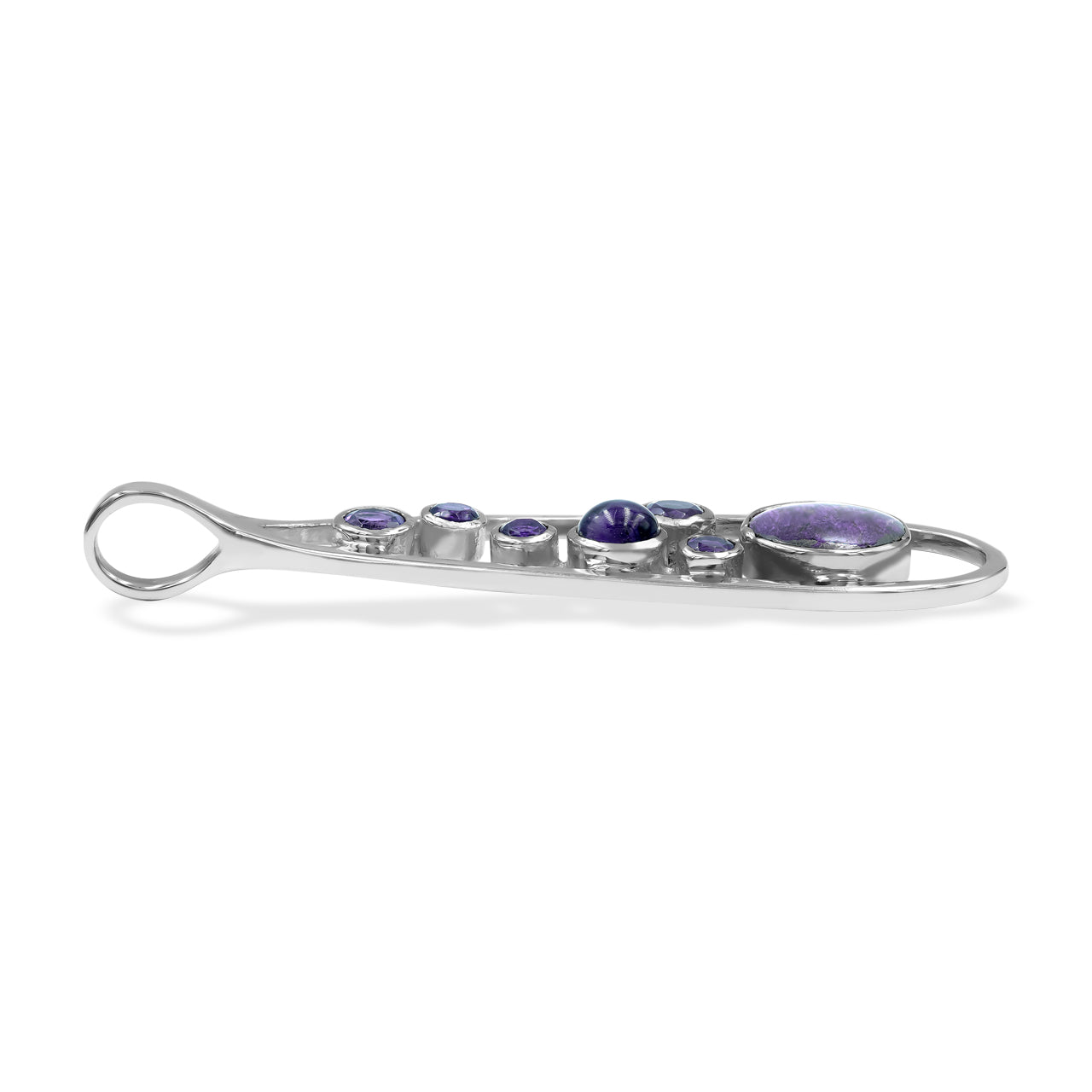 Starborn Mixed Purpurite and Amethyst Teardrop Elongated Frame Pendant in Sterling Silver