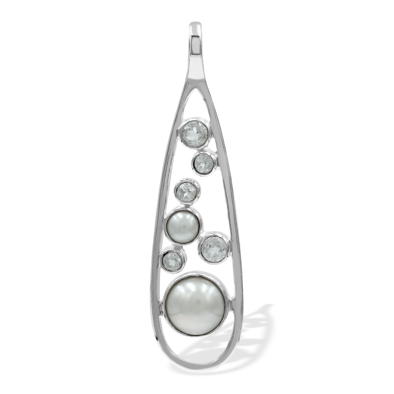 Starborn Mixed Freshwater Pearl and Faceted White Topaz Teardrop Elongated Frame Pendant in Sterling Silver
