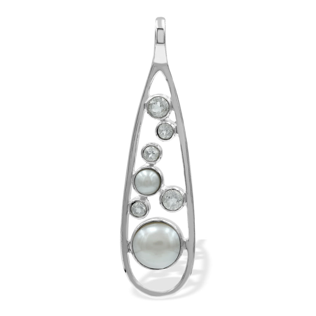 Starborn Mixed Freshwater Pearl and Faceted White Topaz Teardrop Elongated Frame Pendant in Sterling Silver