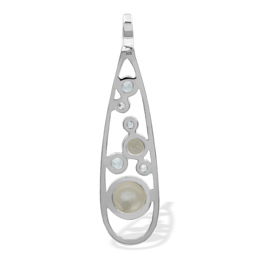 Starborn Mixed Freshwater Pearl and Faceted White Topaz Teardrop Elongated Frame Pendant in Sterling Silver