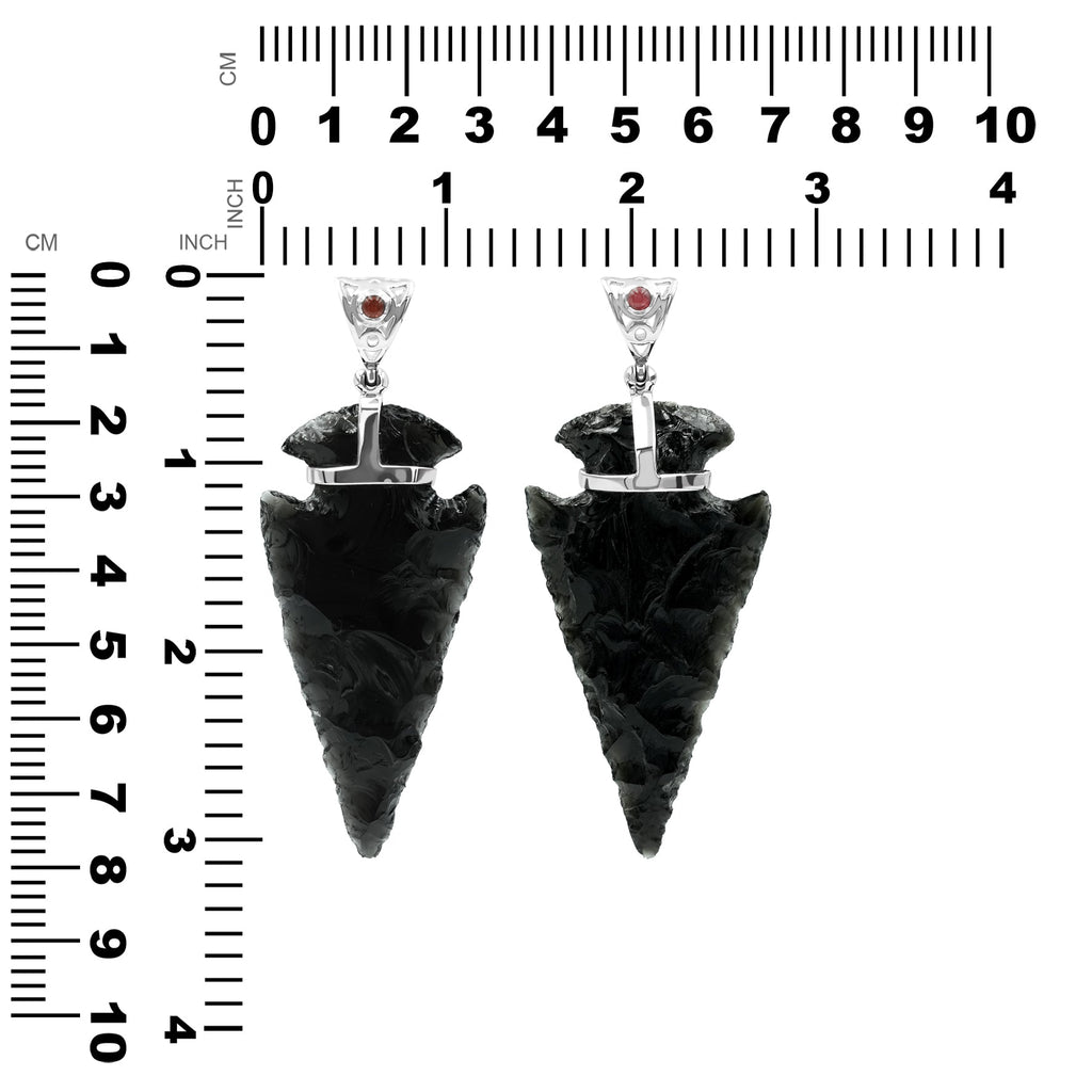 Starborn Obsidian Arrowhead Pendant with Filigree Garnet Gemstone Bale in Sterling Silver