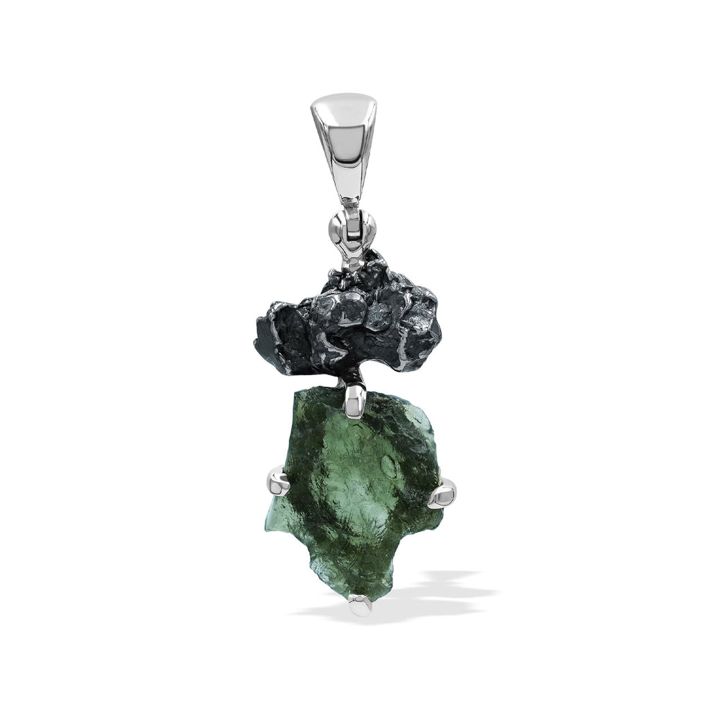 Starborn Moldavite & Campo del Cielo Meteorite Pendant in Sterling Silver