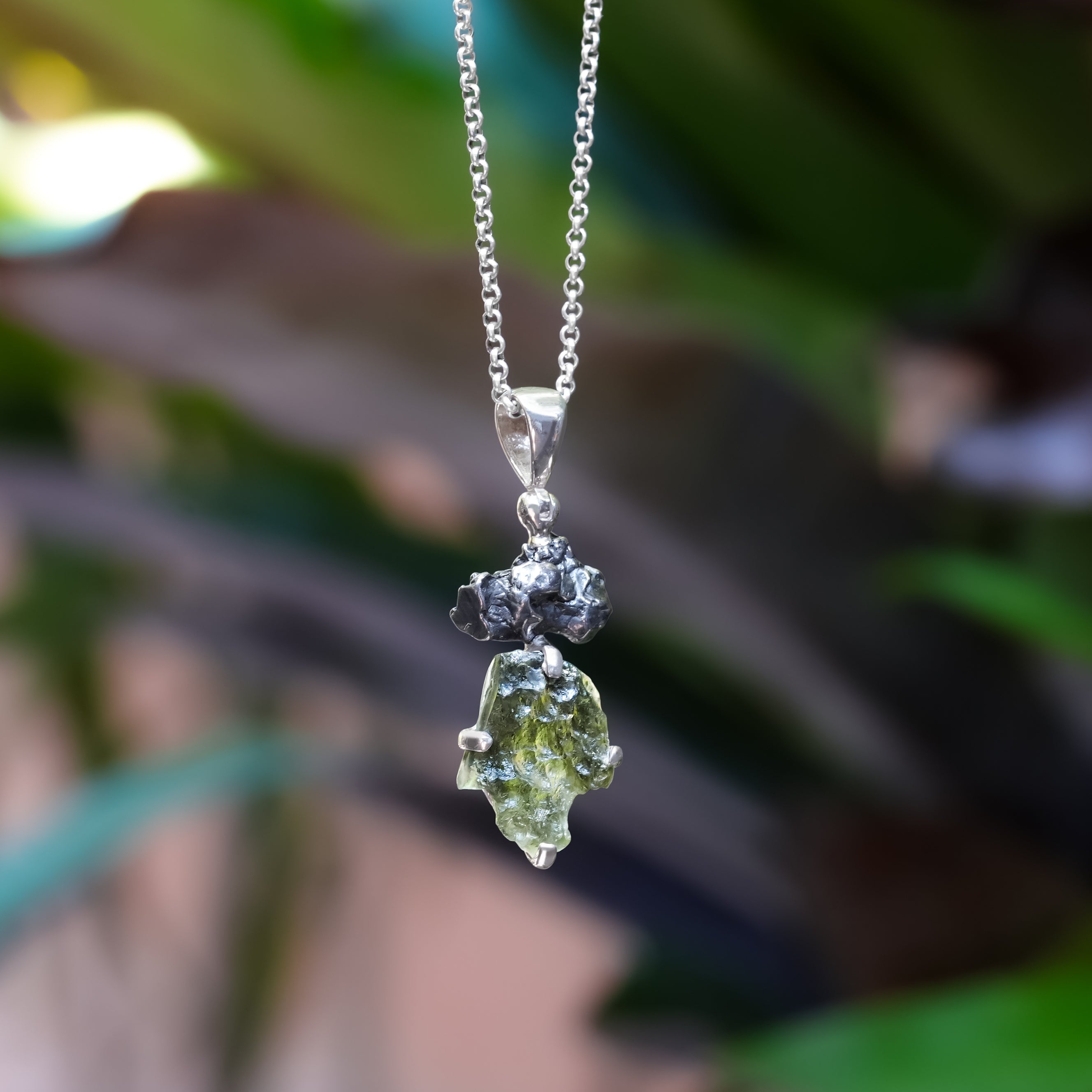 Starborn Moldavite & Campo del Cielo Meteorite Pendant in Sterling Silver