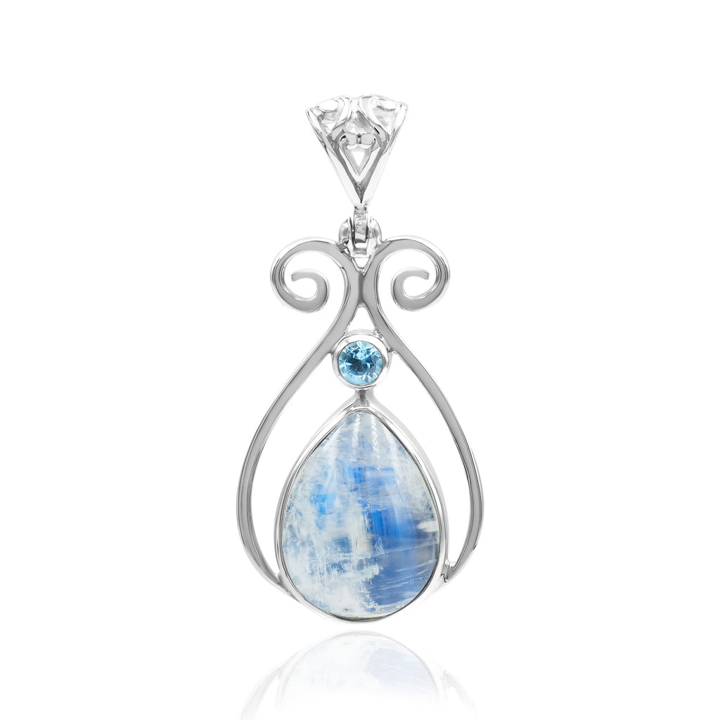 Starborn Rainbow Moonstone and Faceted Blue Topaz Pendant in Sterling Silver