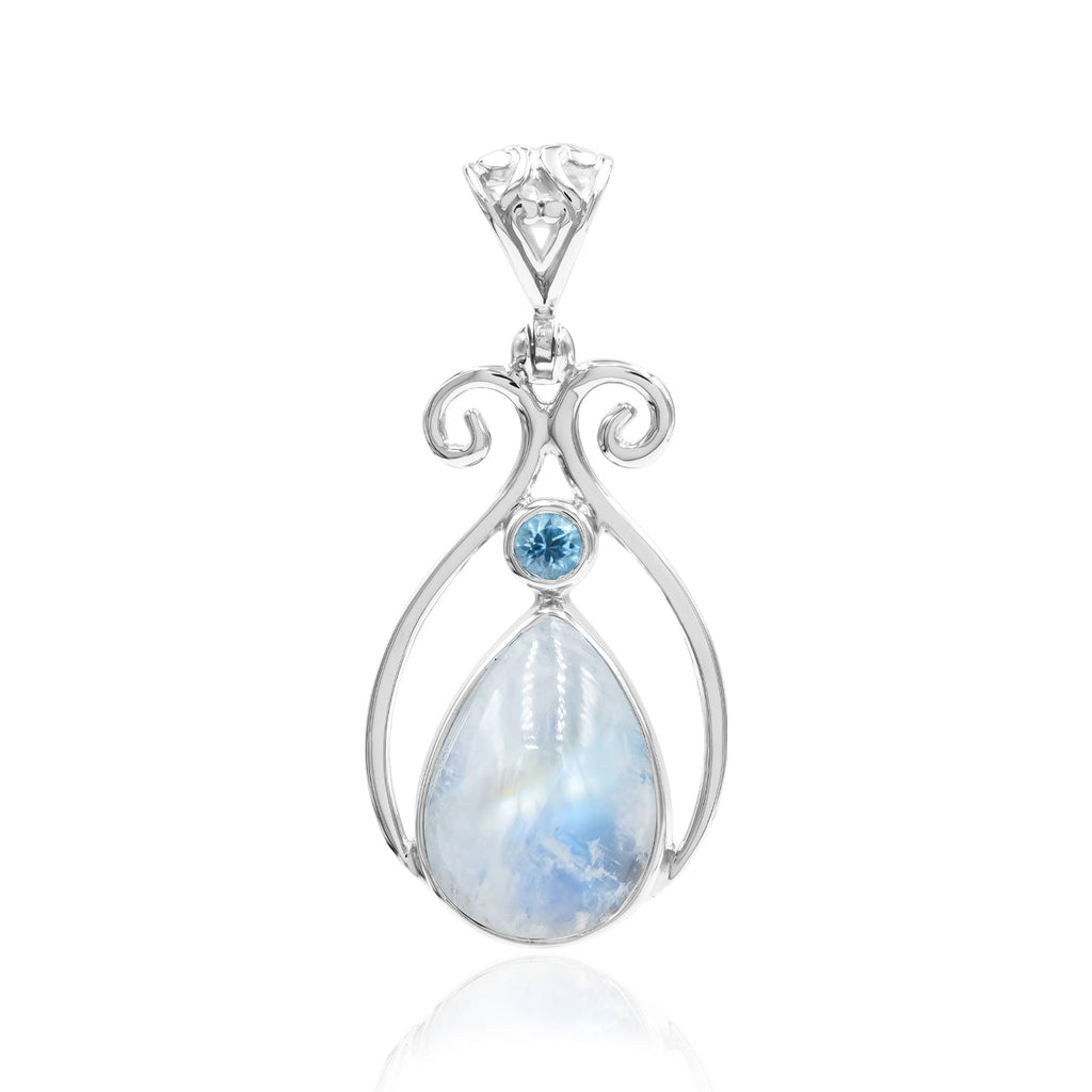 Starborn Rainbow Moonstone and Faceted Blue Topaz Pendant in Sterling Silver