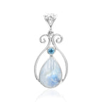 Starborn Rainbow Moonstone and Faceted Blue Topaz Pendant in Sterling Silver