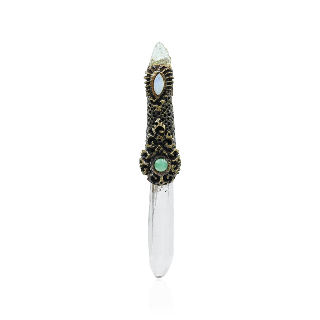 Starborn Quartz Crystal Wand Pendant with Aquamarine, Chrysoprase and Rainbow Moonstone