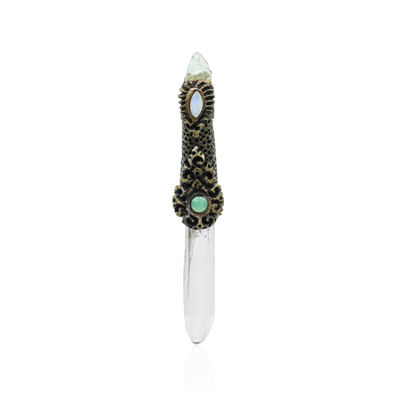 Starborn Quartz Crystal Wand Pendant with Aquamarine, Chrysoprase and Rainbow Moonstone