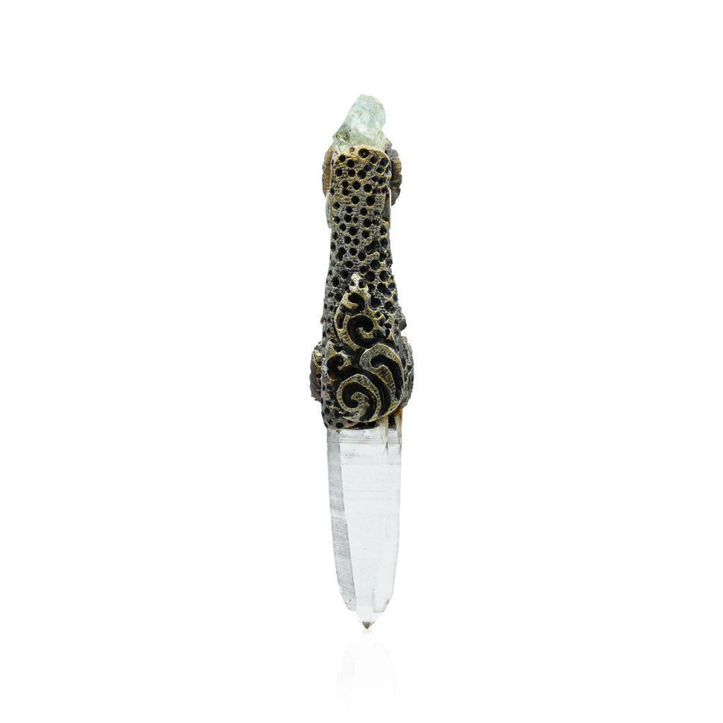 Starborn Quartz Crystal Wand Pendant with Aquamarine, Chrysoprase and Rainbow Moonstone