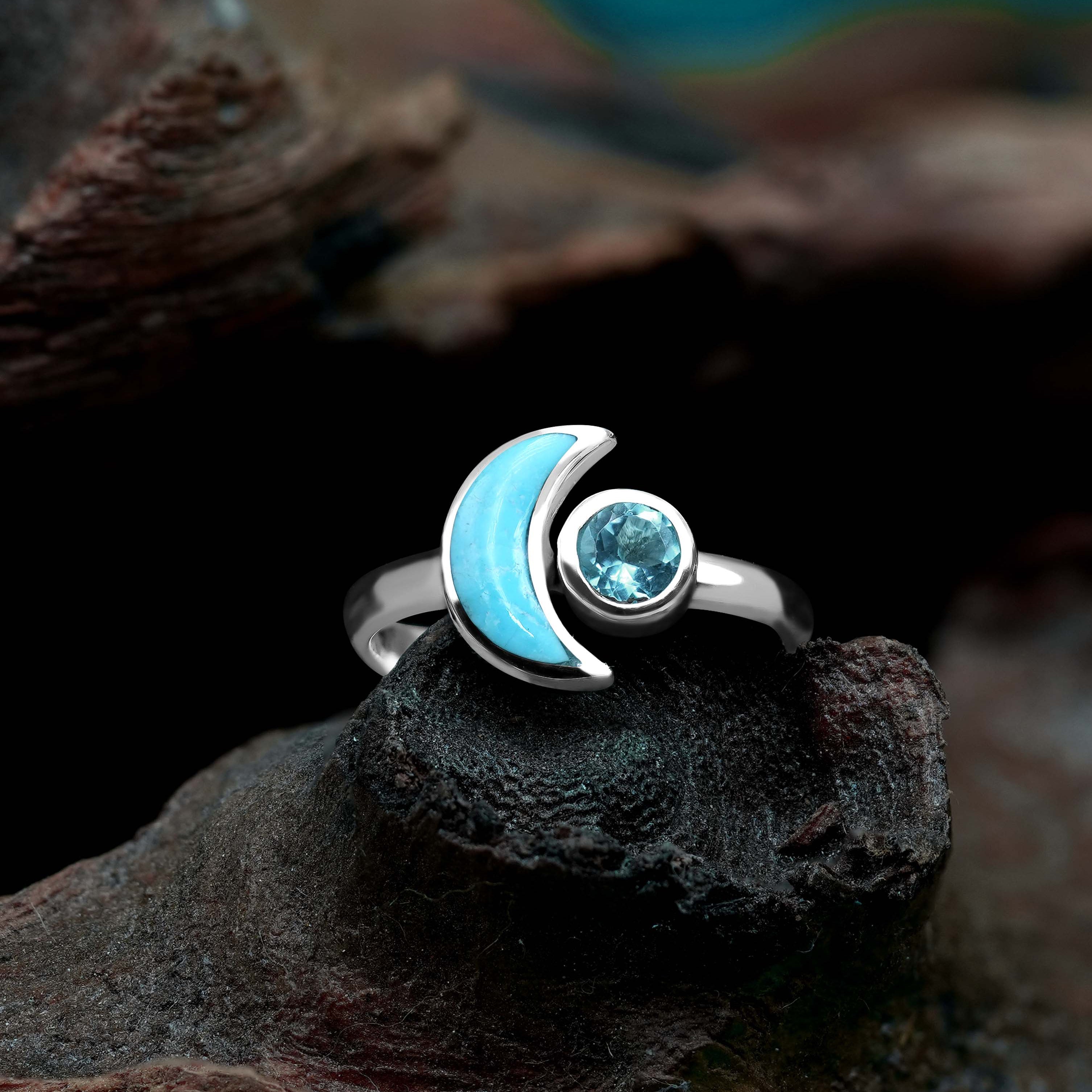 Starborn Turquoise and Faceted Blue Topaz Crescent Moon Ring in Sterling Silver