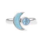 Starborn Turquoise and Faceted Blue Topaz Crescent Moon Ring in Sterling Silver