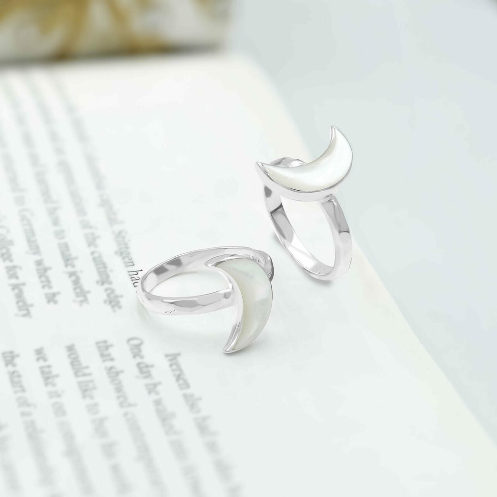 Starborn Mother of Pearl Crescent Moon Rings in Sterling Silver