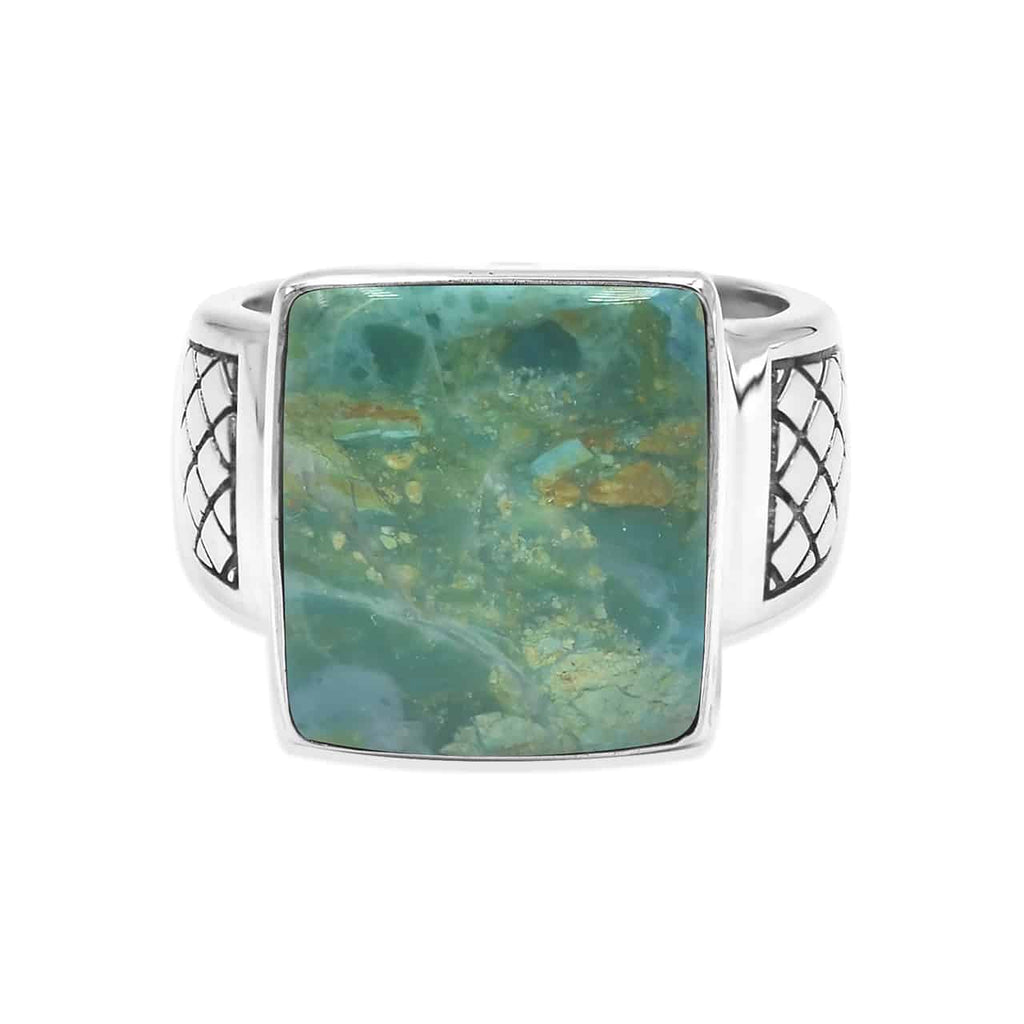 Starborn Peruvian Blue Opal Men’s Ring with Geometric Shank Accents in Sterling Silver