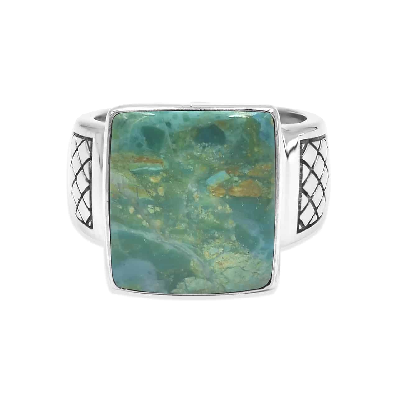 Starborn Peruvian Blue Opal Men’s Ring with Geometric Shank Accents in Sterling Silver