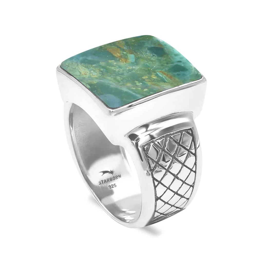 Starborn Peruvian Blue Opal Men’s Ring with Geometric Shank Accents in Sterling Silver