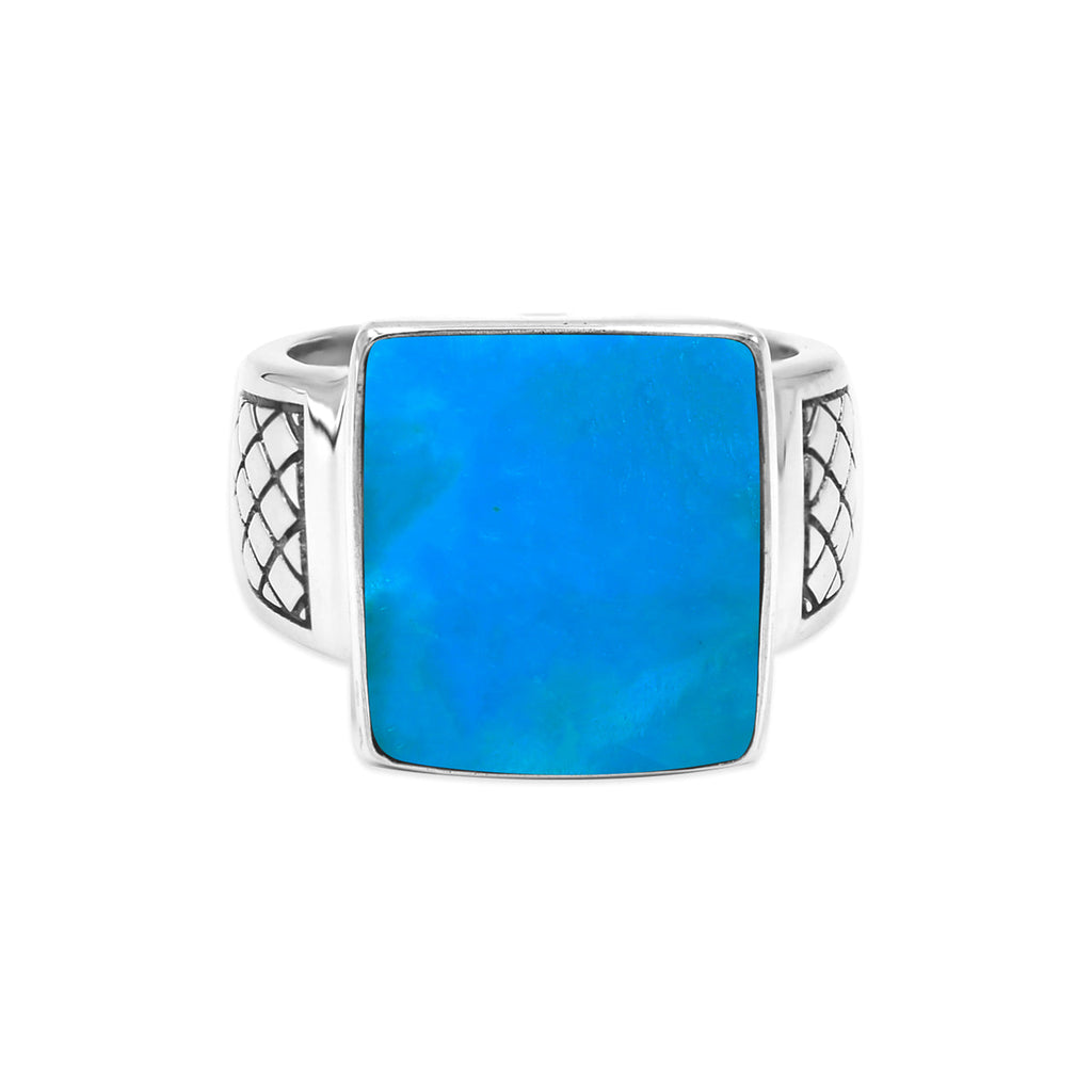 Starborn High Grade Peruvian Blue Opal Men’s Ring with Geometric Shank Accents in Sterling Silver