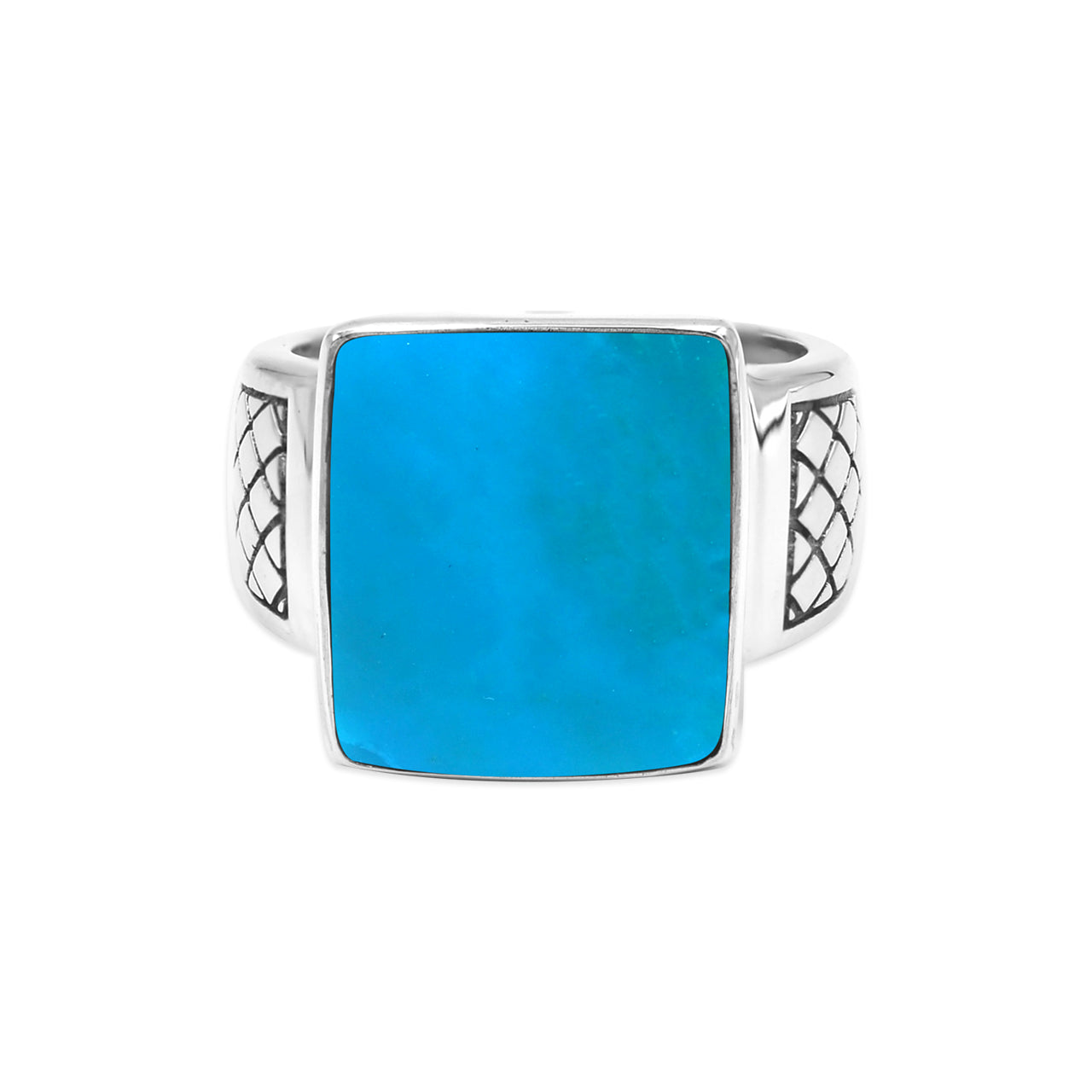 Starborn High Grade Peruvian Blue Opal Men’s Ring with Geometric Shank Accents in Sterling Silver