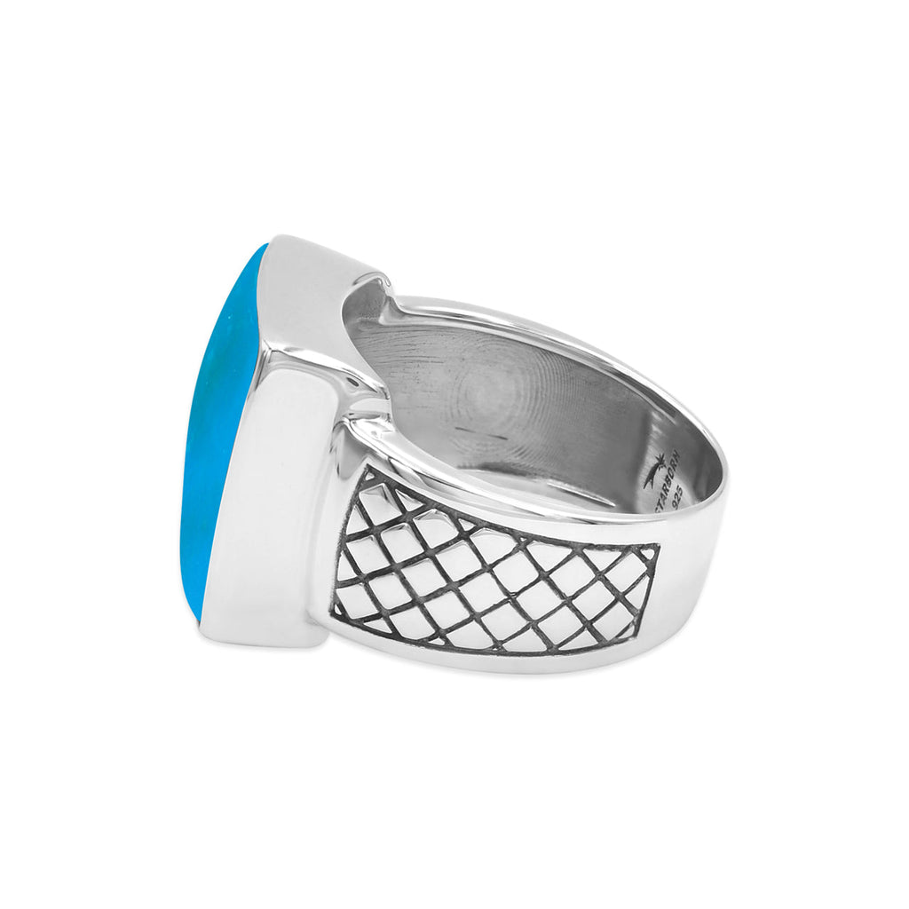 Starborn High Grade Peruvian Blue Opal Men’s Ring with Geometric Shank Accents in Sterling Silver